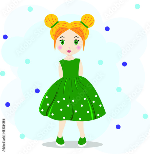 Little cute red-haired girl in a green dress with white polka dots