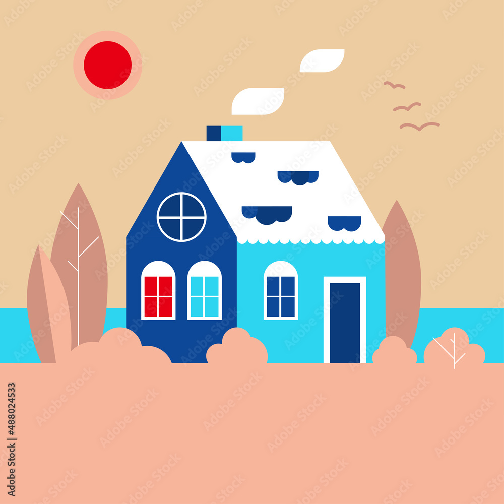 House by the sea in flat style. Vector.