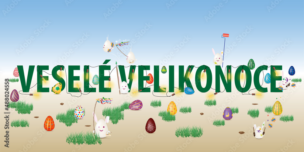 Happy Easter illustration with Easter motifs and symbols in Czech language, painted eggs, pomlazka, rabbits, chickens. Vector drawing, organized layers.