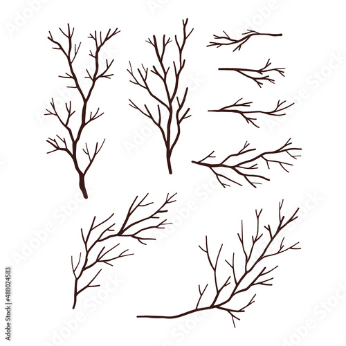 Mystic forest leafless tree branches vector illustration set isolated on white. Boho Halloween spooky boughs print collection.