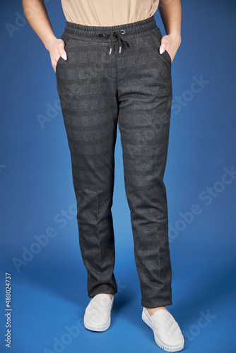 pant, trousers, blue background women's grey with small print.