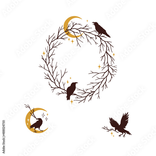 Crow silhouette leafless tree branch wreath crescent moon twig in beak vector illustration set isolated on white. Mystical occult black raven print collection for Halloween.