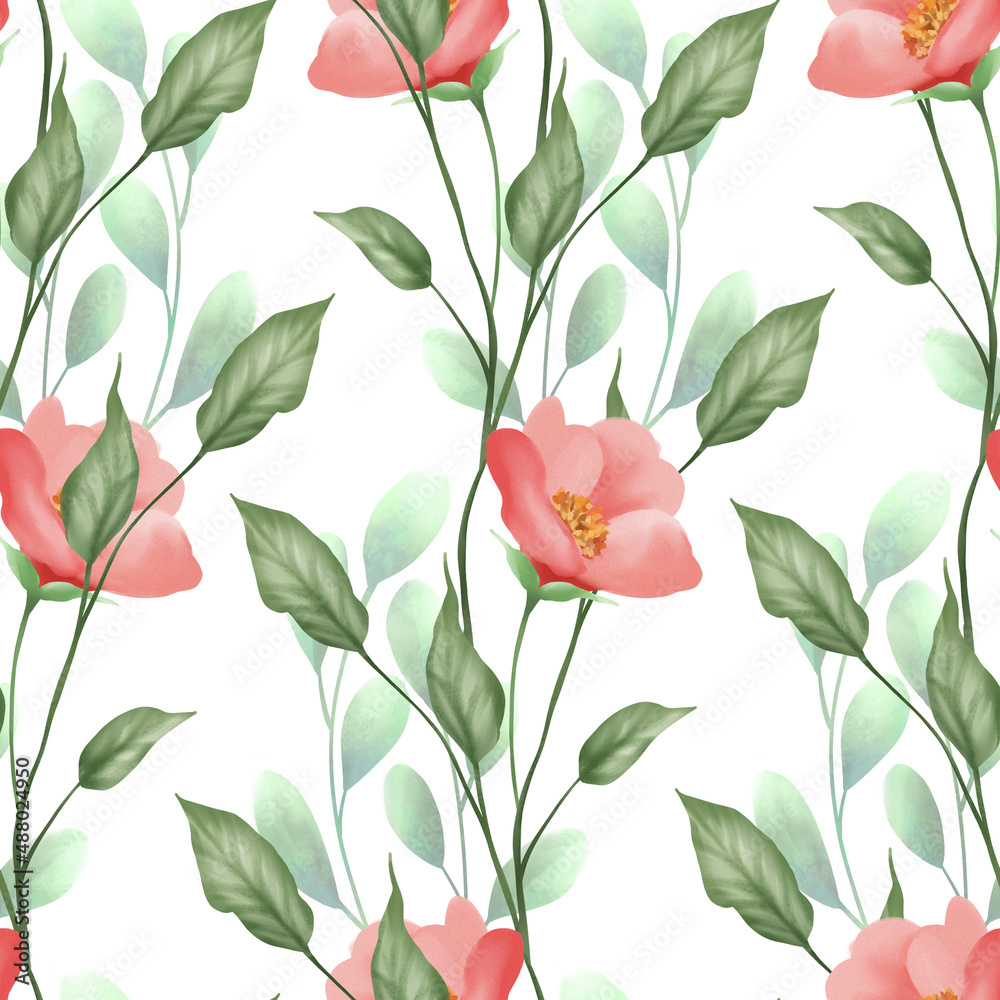 Seamless floral pattern with red flowers and green leaves.