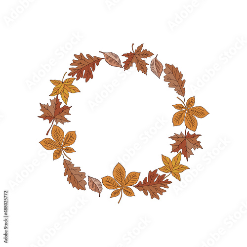 Autumn fallen leaves wreath vector illustration isolated on white. Boho forest leaf litter round frame. Botanical fall arrangement for Halloween or Thanksgiving Day.