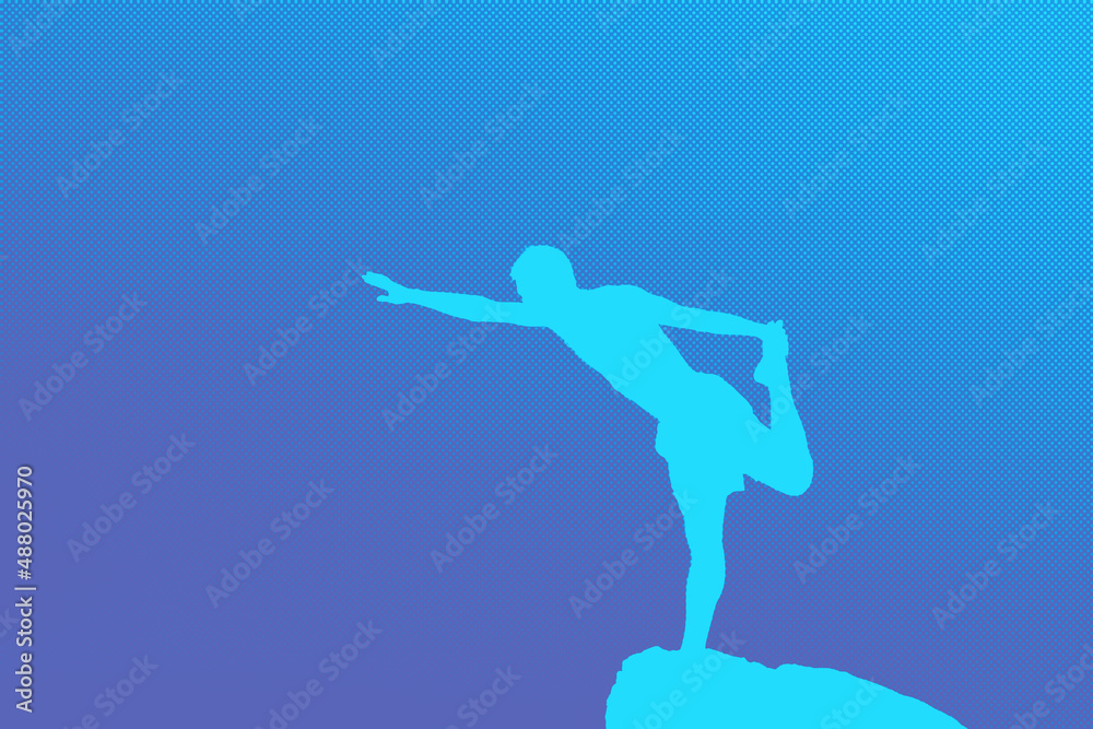 Silhouette of man practicing yoga on a rock.. Copy space. Half tone.