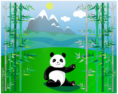 Illustration of a cute panda on a background of mountains among bamboo. Wildlife is full of beauty, traveling to different parts of the world opens up new horizons.