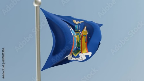 New York flag on flagpole. NY flag fluttering in the wind. USA.