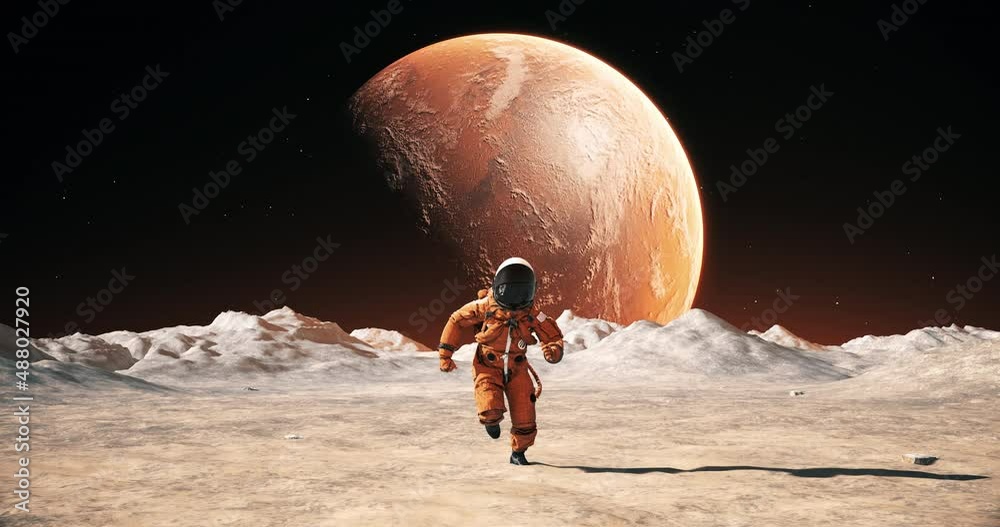 Male Astronaut in Space Suit Confidently Running On An Alien Planet. Red Planet Mars Is Visible In Sky.