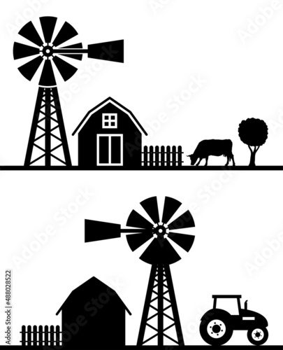 Canvas vector farm landscape silhouette with fence, barn, windmill, cow and tractor
