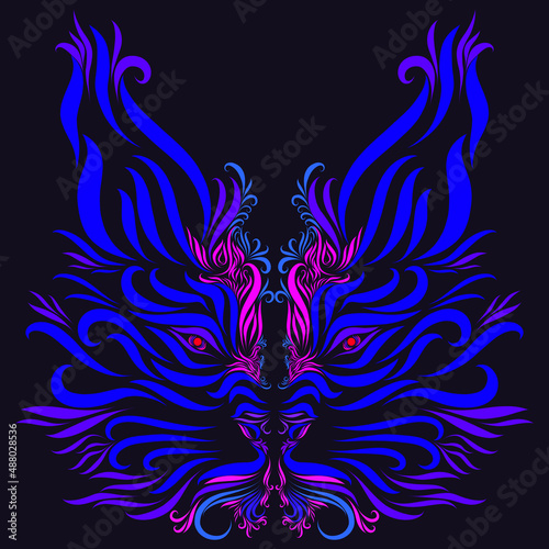 lynx with graceful elegant blue and purple lines on a dark background