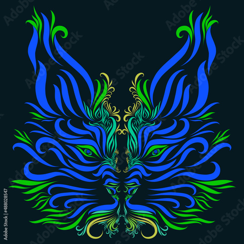 lynx with graceful elegant blue and green lines on a dark background