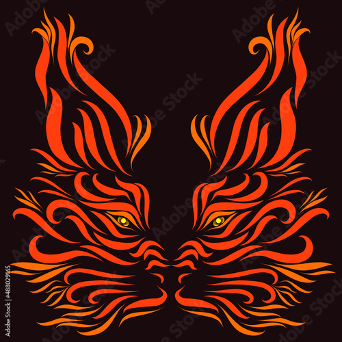 head of a predatory red lynx with graceful elegant red lines on a dark background