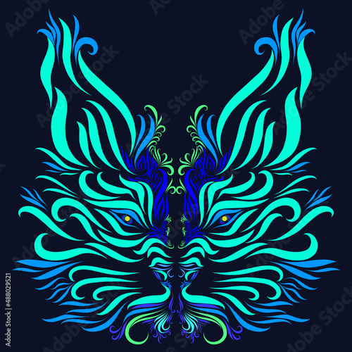 lynx with graceful elegant blue and green and turquoise lines on a dark background