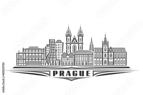 Vector illustration of Prague, monochrome horizontal poster with linear design famous prague city scape, urban line art concept with decorative lettering for black word prague on white background