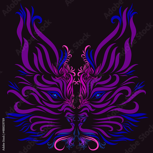 lynx with graceful elegant purple and blue lines on a dark background