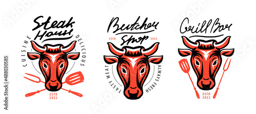 Bull with barbecue tools logo vector. Emblem for Butcher shop, Grill bar, Steakhouse