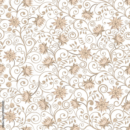 Damask style hand drawn swirl pattern  flowers  white background. Seamless pattern  vector.