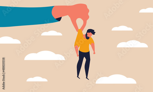 Dismiss employee and hand resign for failure employer. Staff job person and conflict layoff vector illustration concept. People dismissal and unemployed man. Unhappy character leaving business