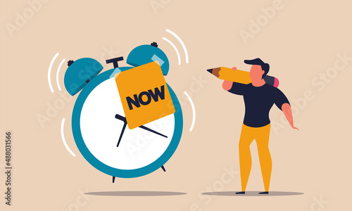 Procrastination work and time action today. Timeline management and postpone schedule task job vector illustration concept. Businessman lazy and planning business strategy. Laziness man and motivation