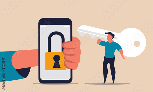 Unlock internet with key on phone and confidential secret blocked. Private finance data and guard vector illustration concept. Mobile identify and access cyber datum drawing. Network firewall safety