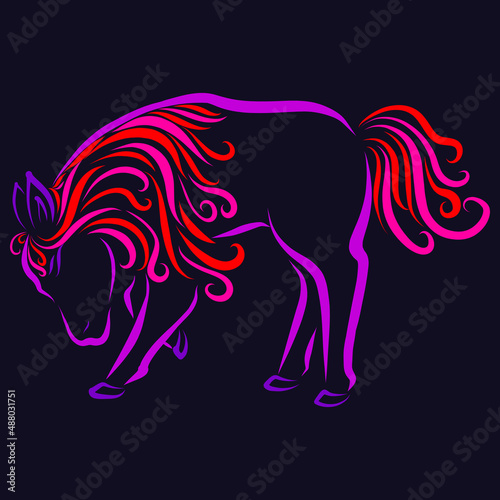 Beautiful donkey pony horse with long creative and graceful and elegant curly mane and fluffy tail in red purple and pink color
