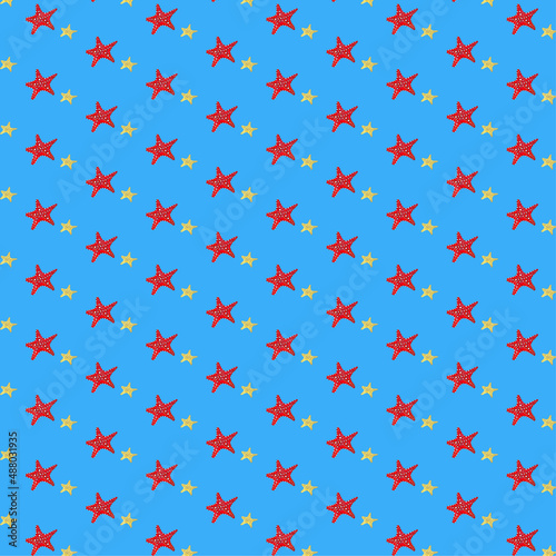 Starfish Pattern, funny colorful starfishes on blue background. Red and yellow starfish pattern illustration background. Design for textile, backgrounds, clothes, web sites and wallpaper.