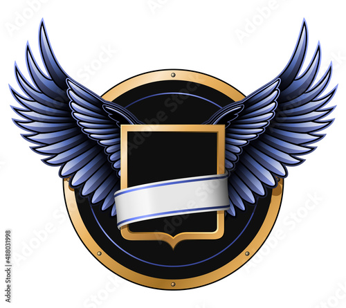 colored coat of arms with shield, wings and ribbon