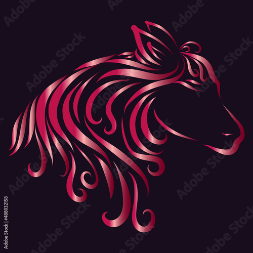 Beautiful head donkey pony horse with long creative and graceful and elegant curly mane in pink color