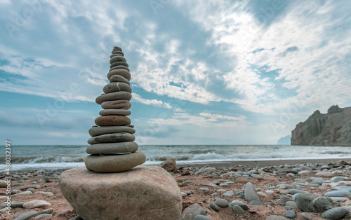 Pyramid of pebbles on the shore of the Black Sea