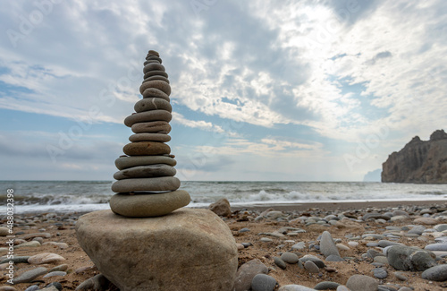 Pyramid of pebbles on the shore of the Black Sea