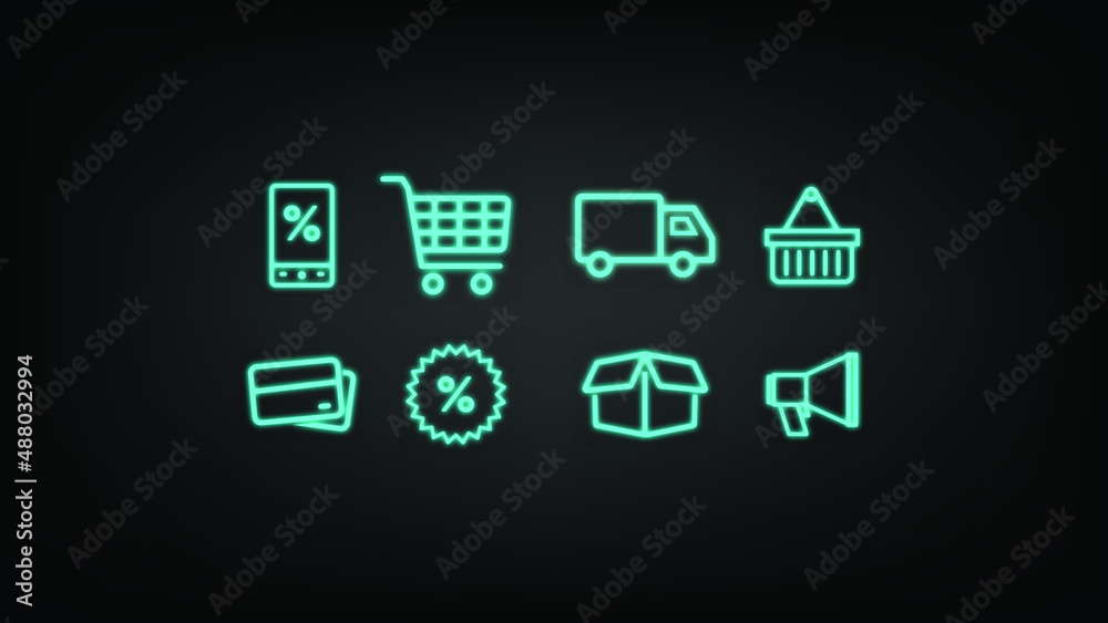 Black Friday Sale icons green illustration in neon style. Black Friday Sale icons green illustration in neon style.
