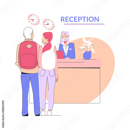 A couple of young people with backpacks check into the hotel. Travel after the pandemic. Vector illustration on a beige background.