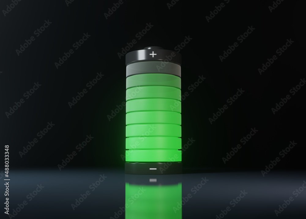 Charged battery with glowing green light isolated over black background. 3D rendering Illustration Charged battery with glowing green light isolated over black background. 3D rendering Illustration