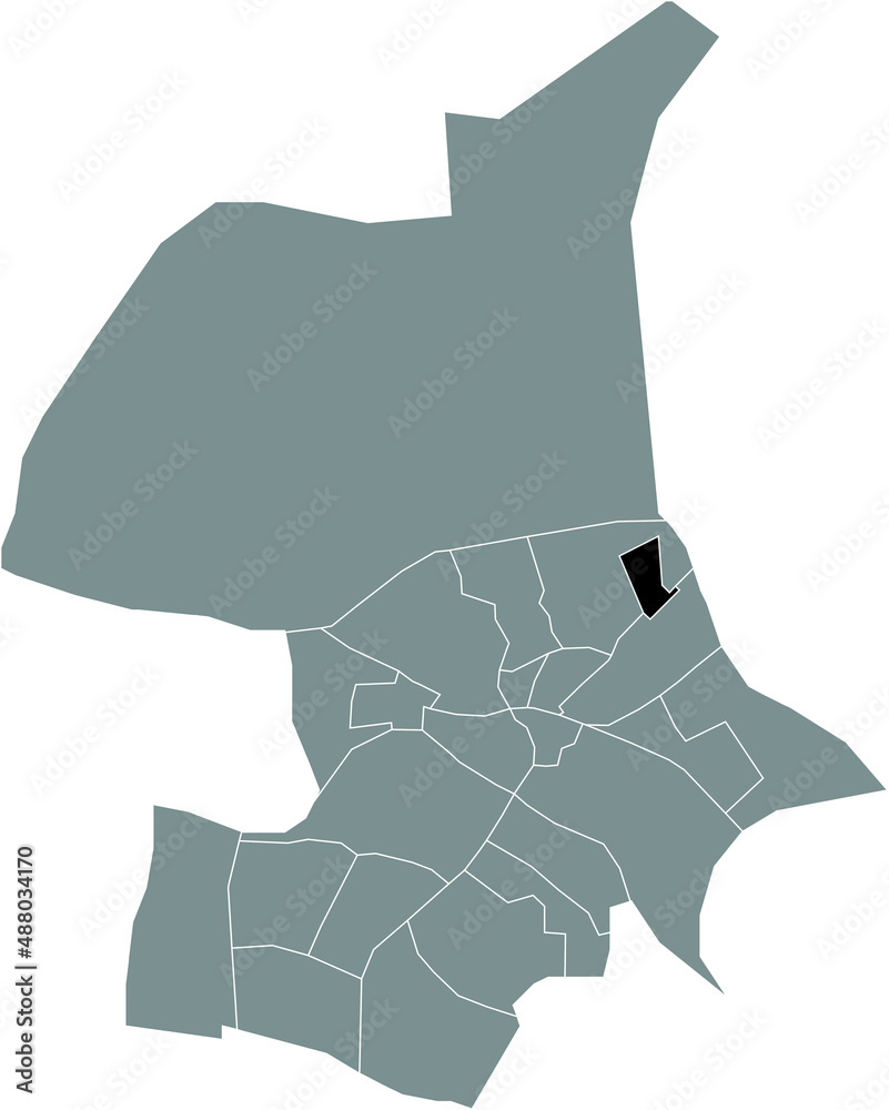 Black flat blank highlighted location map of the GEITENKAMP DISTRICT inside gray administrative map of Arnhem, Netherlands Black flat blank highlighted location map of the GEITENKAMP DISTRICT inside gray administrative map of Arnhem, Netherlands