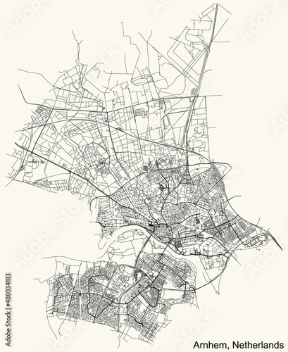 Detailed navigation black lines urban street roads map of the Dutch regional capital city of ARNHEM, NETHERLANDS on vintage beige background