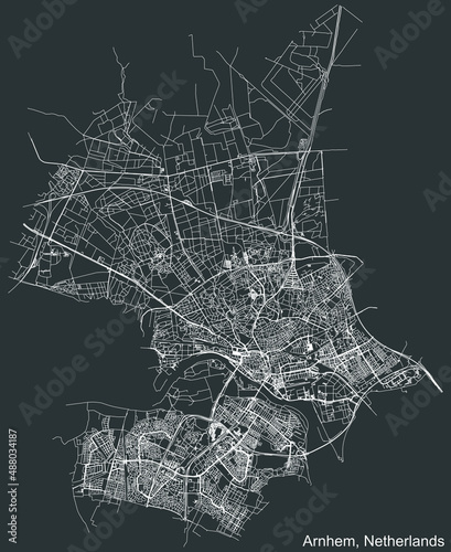 Detailed negative navigation white lines urban street roads map of the Dutch regional capital city of ARNHEM, NETHERLANDS on dark gray background
