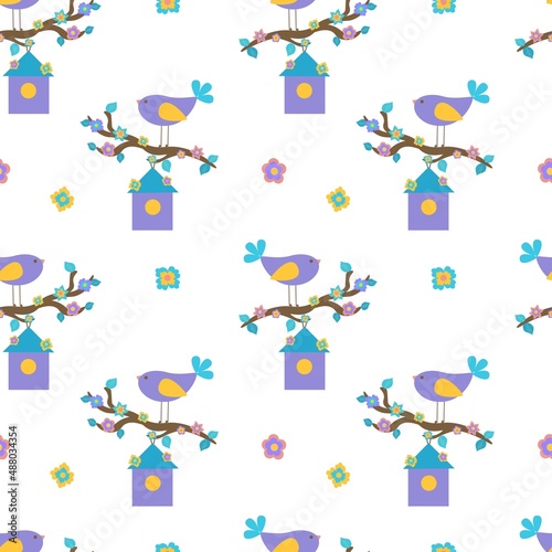 Seamless spring illustration with a purple bird on a branch with flowers and a birdhouse. For textiles or wrapping paper. Flat illustration.