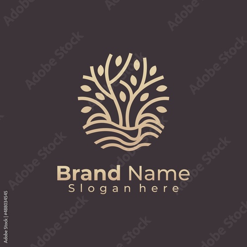 Water line plant logo design, Elegant tree in water Gold color logo design vector