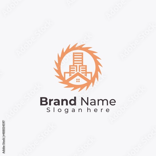 Creative building real estate combine with circle saw logo design vector with business card