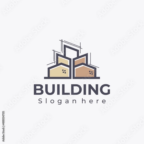 Awesome building concept with line style logo design vector with business card