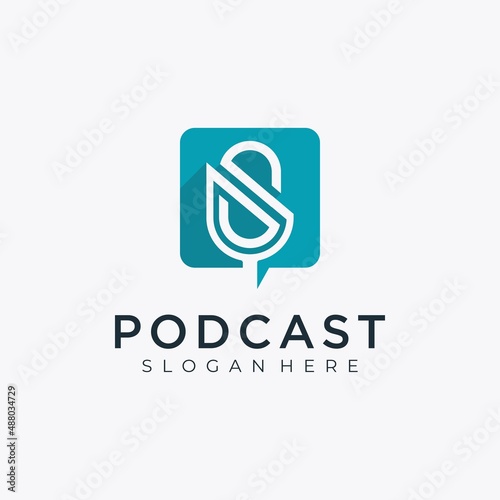 creative bubble chat podcast logo, letter S podcast logo vector with business card