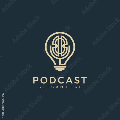elegant podcast logo design, creative combine lamp and line podcast microphone logo design vector