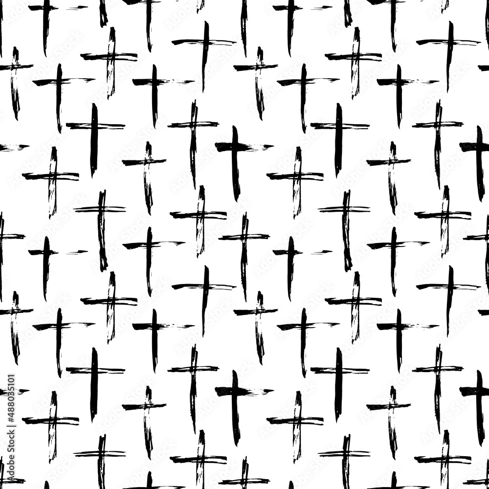 Christian seamless pattern with grunge cross. Hand drawn religion background in sketch style.