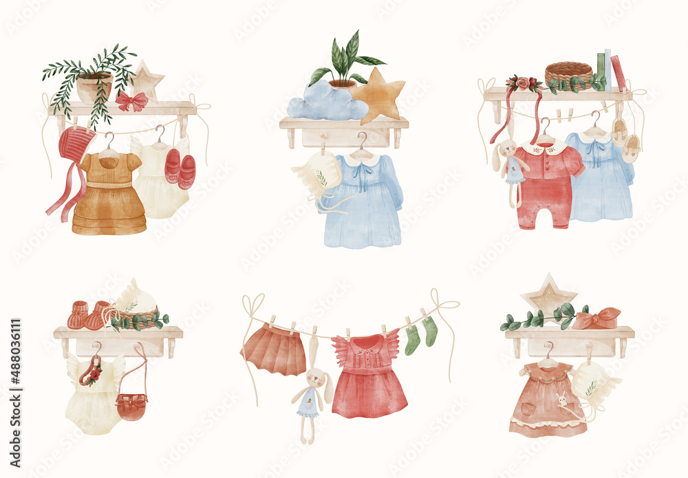 Watercolor Baby Girl Nursery Illustrations Art Set Stock Template ...