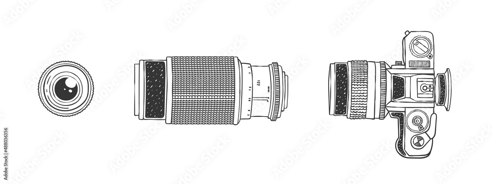 Camera and lens. Camera and Lens Sketch. Hand-drawn image. Vector illustration