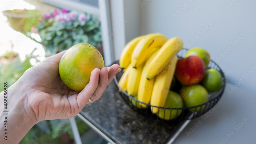 hand holding a orange with basket fruit in the background.