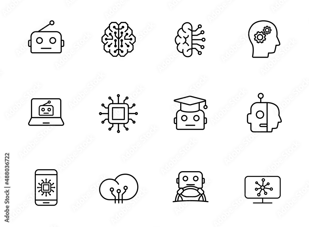 artificial intelligence outline vector icons isolated on white ...