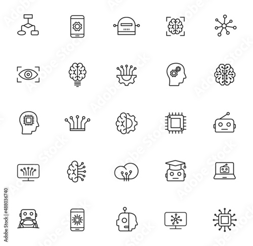 artificial intelligence outline vector icons isolated on white background. artificial intelligence icon set for web and ui design, mobile apps, print polygraphy and promo advertising business.