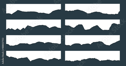 Ragged paper edge borders vector collection. White tattered fragments set. Cardboard or paper ripped edges with shadows 3D design. Rrough teared sheet strip elements. Blank text note fragments.