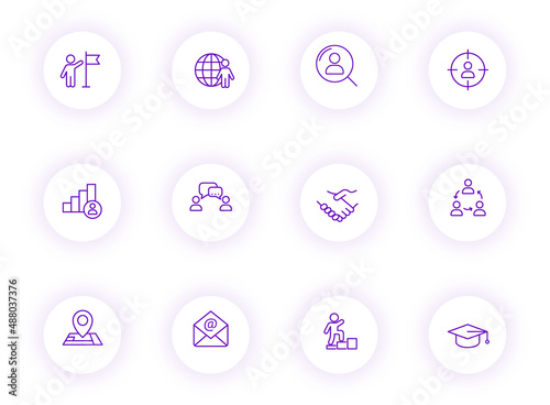 headhunting purple color outline vector icons on light round buttons with purple shadow. headhunting icon set for web, mobile apps, ui design and print